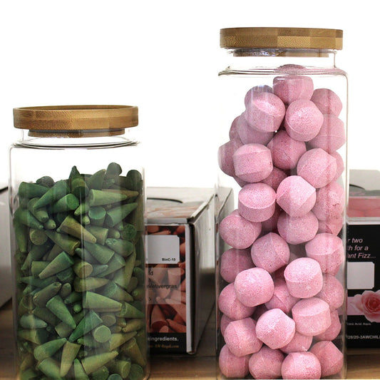 Bote de Cristal con Tapa de Bambú - 10cm